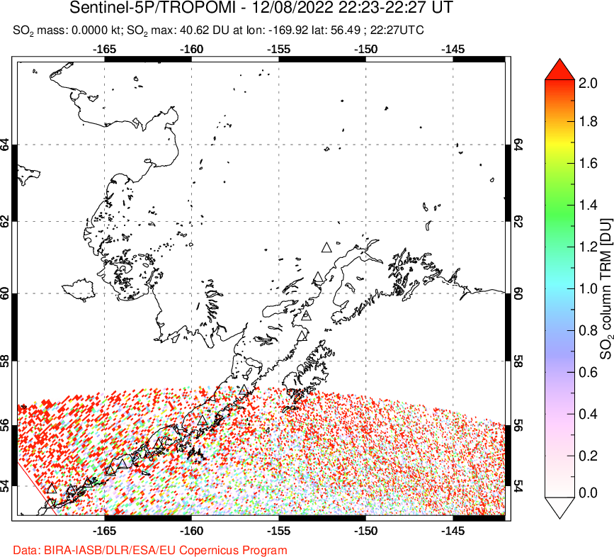 A sulfur dioxide image over Alaska, USA on Dec 08, 2022.