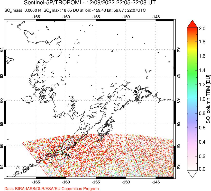 A sulfur dioxide image over Alaska, USA on Dec 09, 2022.