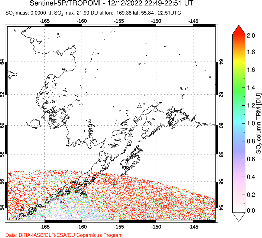 A sulfur dioxide image over Alaska, USA on Dec 12, 2022.