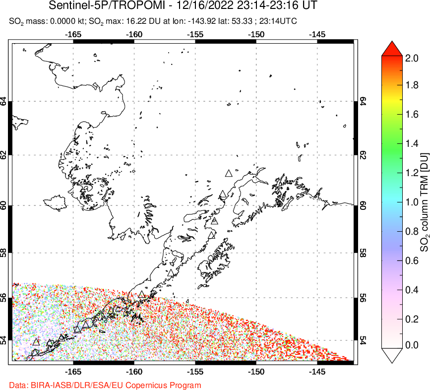 A sulfur dioxide image over Alaska, USA on Dec 16, 2022.