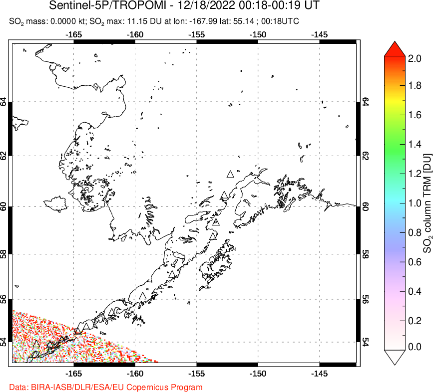 A sulfur dioxide image over Alaska, USA on Dec 18, 2022.