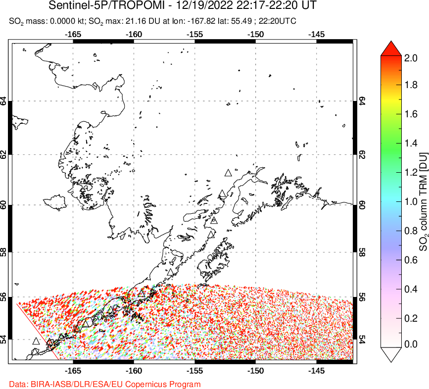A sulfur dioxide image over Alaska, USA on Dec 19, 2022.