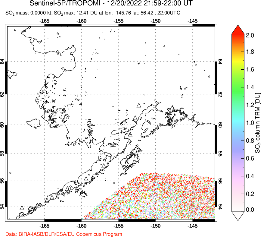 A sulfur dioxide image over Alaska, USA on Dec 20, 2022.