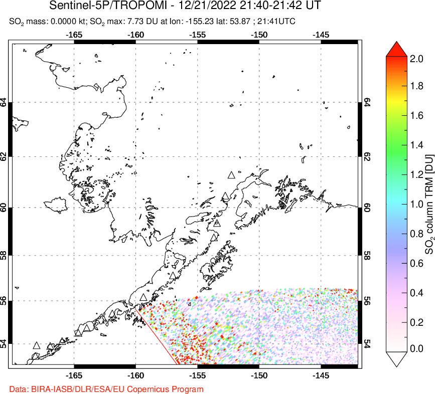 A sulfur dioxide image over Alaska, USA on Dec 21, 2022.