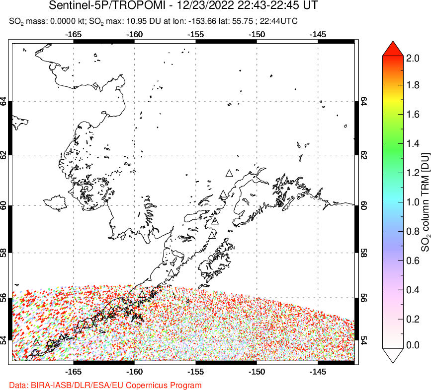 A sulfur dioxide image over Alaska, USA on Dec 23, 2022.