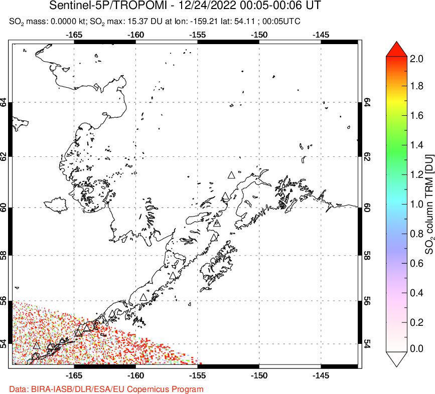 A sulfur dioxide image over Alaska, USA on Dec 24, 2022.