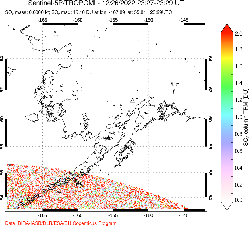 A sulfur dioxide image over Alaska, USA on Dec 26, 2022.