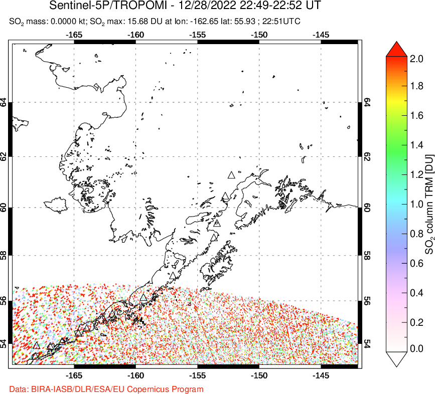 A sulfur dioxide image over Alaska, USA on Dec 28, 2022.