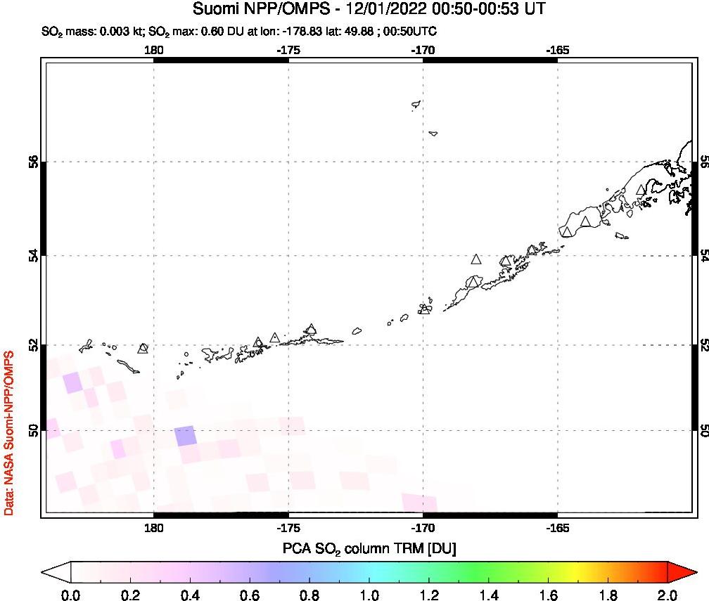 A sulfur dioxide image over Aleutian Islands, Alaska, USA on Dec 01, 2022.