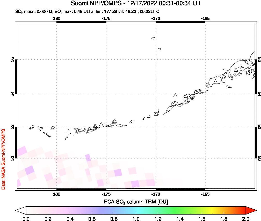 A sulfur dioxide image over Aleutian Islands, Alaska, USA on Dec 17, 2022.