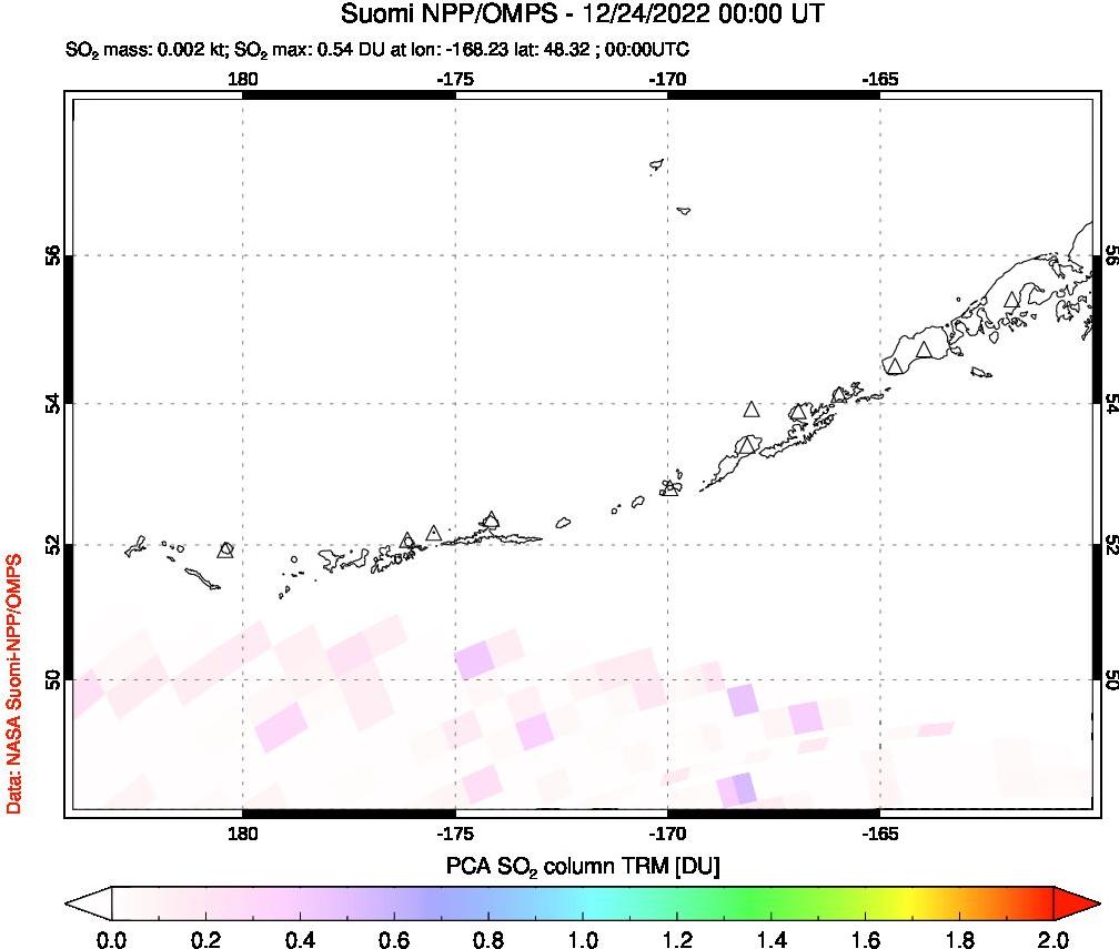 A sulfur dioxide image over Aleutian Islands, Alaska, USA on Dec 24, 2022.