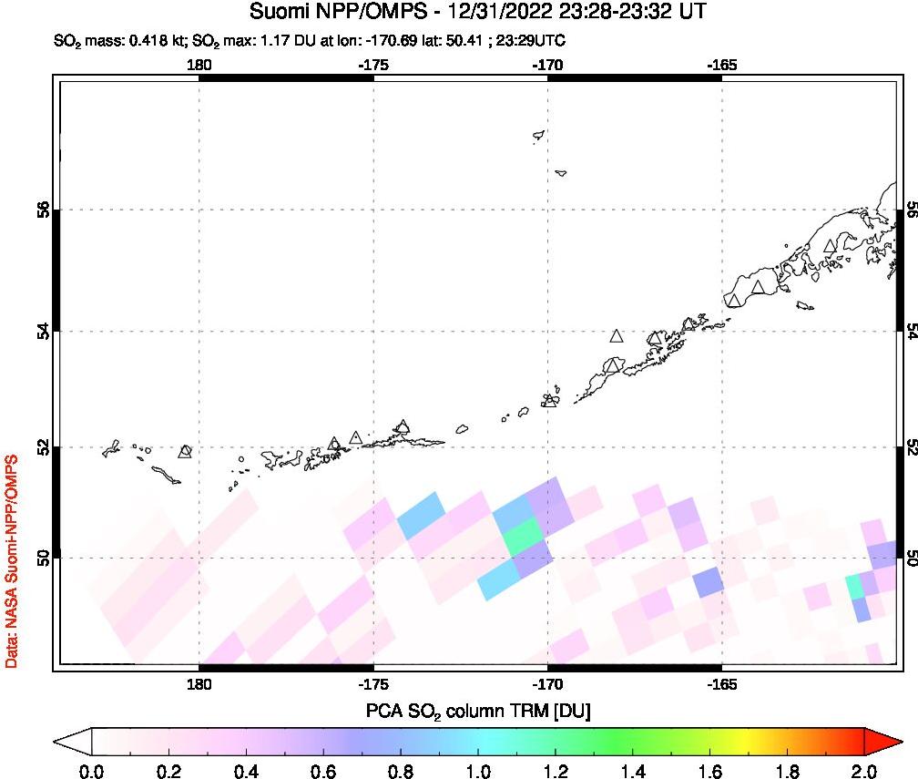 A sulfur dioxide image over Aleutian Islands, Alaska, USA on Dec 31, 2022.