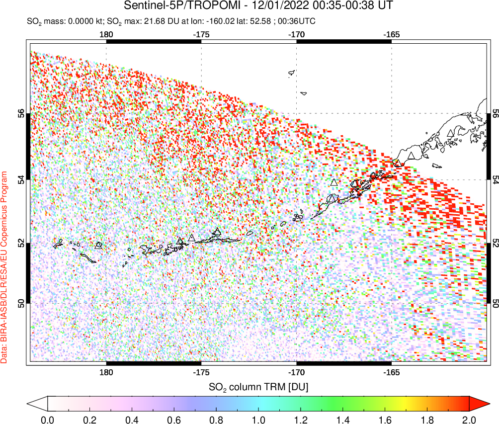 A sulfur dioxide image over Aleutian Islands, Alaska, USA on Dec 01, 2022.