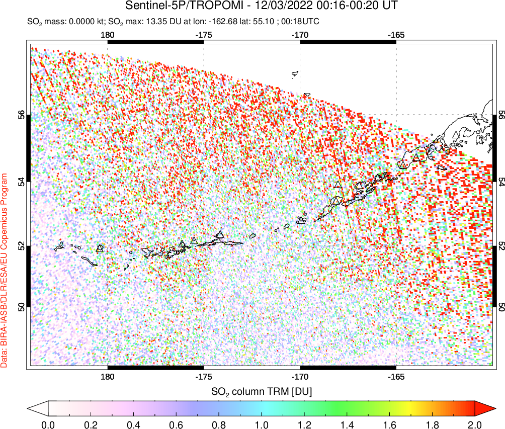 A sulfur dioxide image over Aleutian Islands, Alaska, USA on Dec 03, 2022.