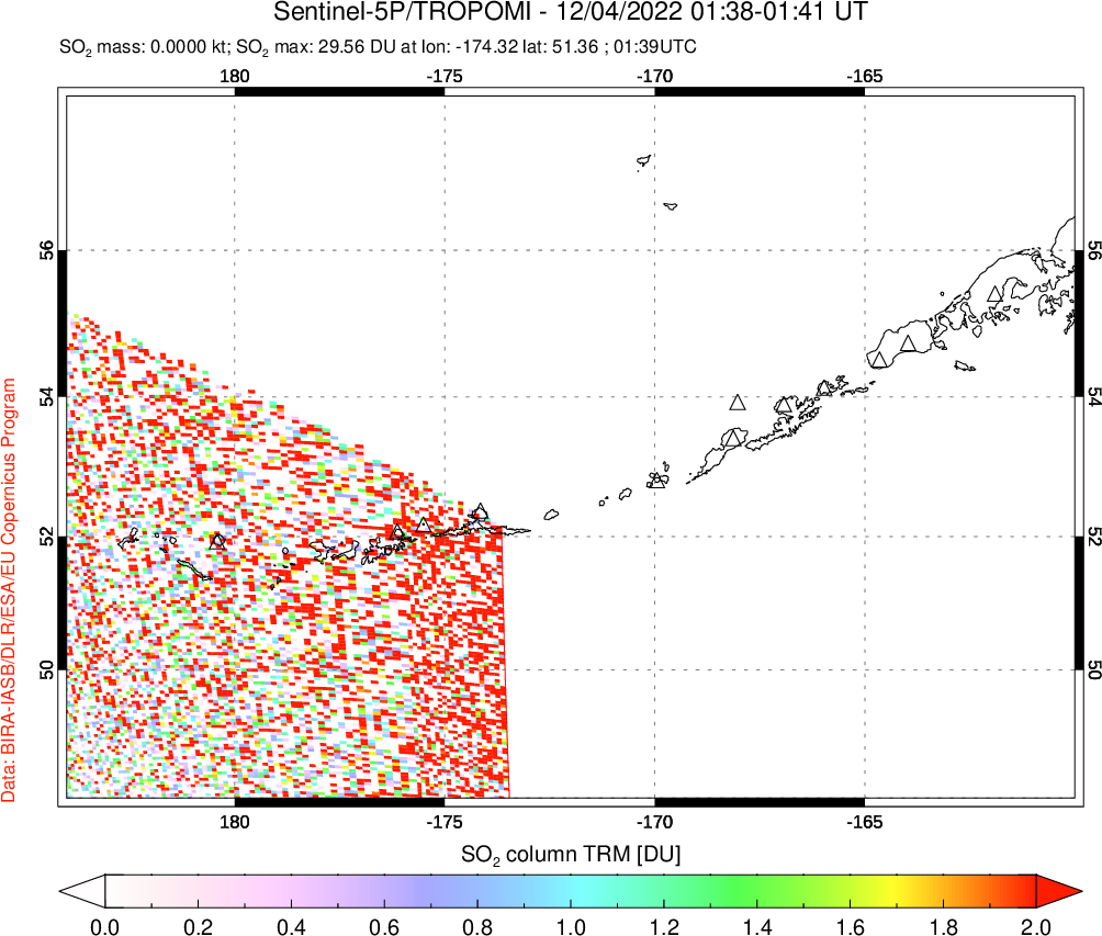 A sulfur dioxide image over Aleutian Islands, Alaska, USA on Dec 04, 2022.