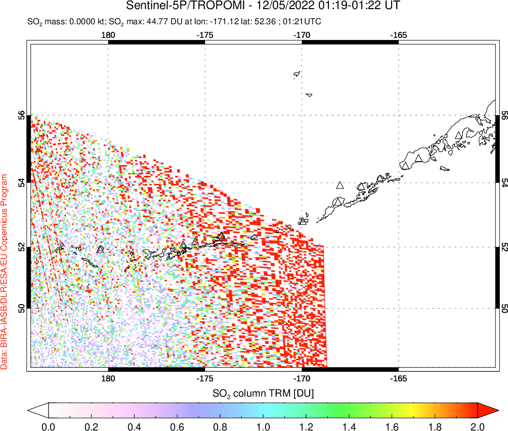 A sulfur dioxide image over Aleutian Islands, Alaska, USA on Dec 05, 2022.