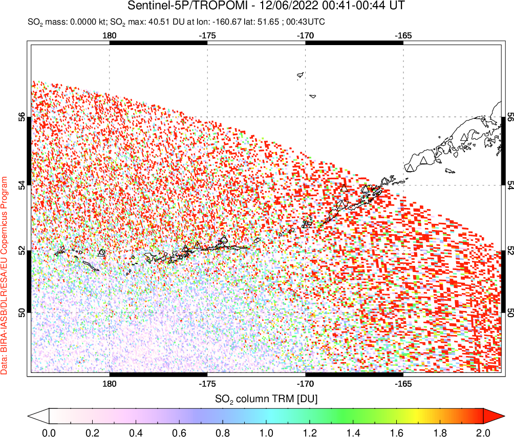 A sulfur dioxide image over Aleutian Islands, Alaska, USA on Dec 06, 2022.