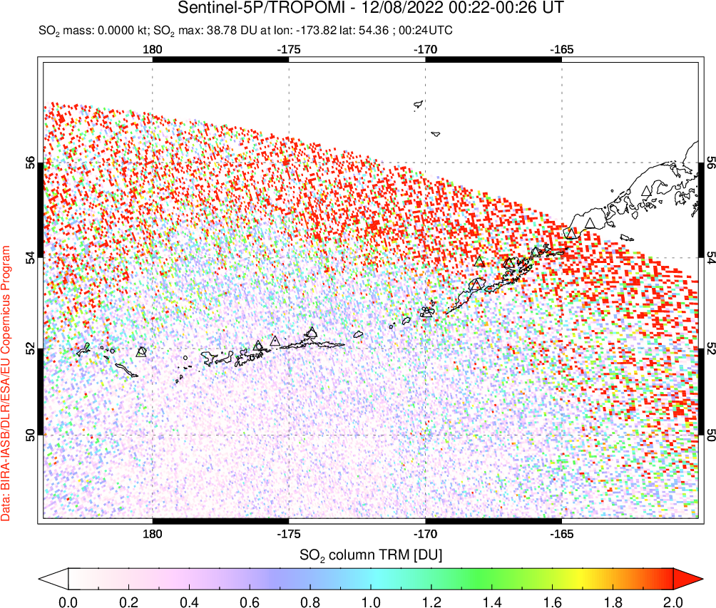 A sulfur dioxide image over Aleutian Islands, Alaska, USA on Dec 08, 2022.