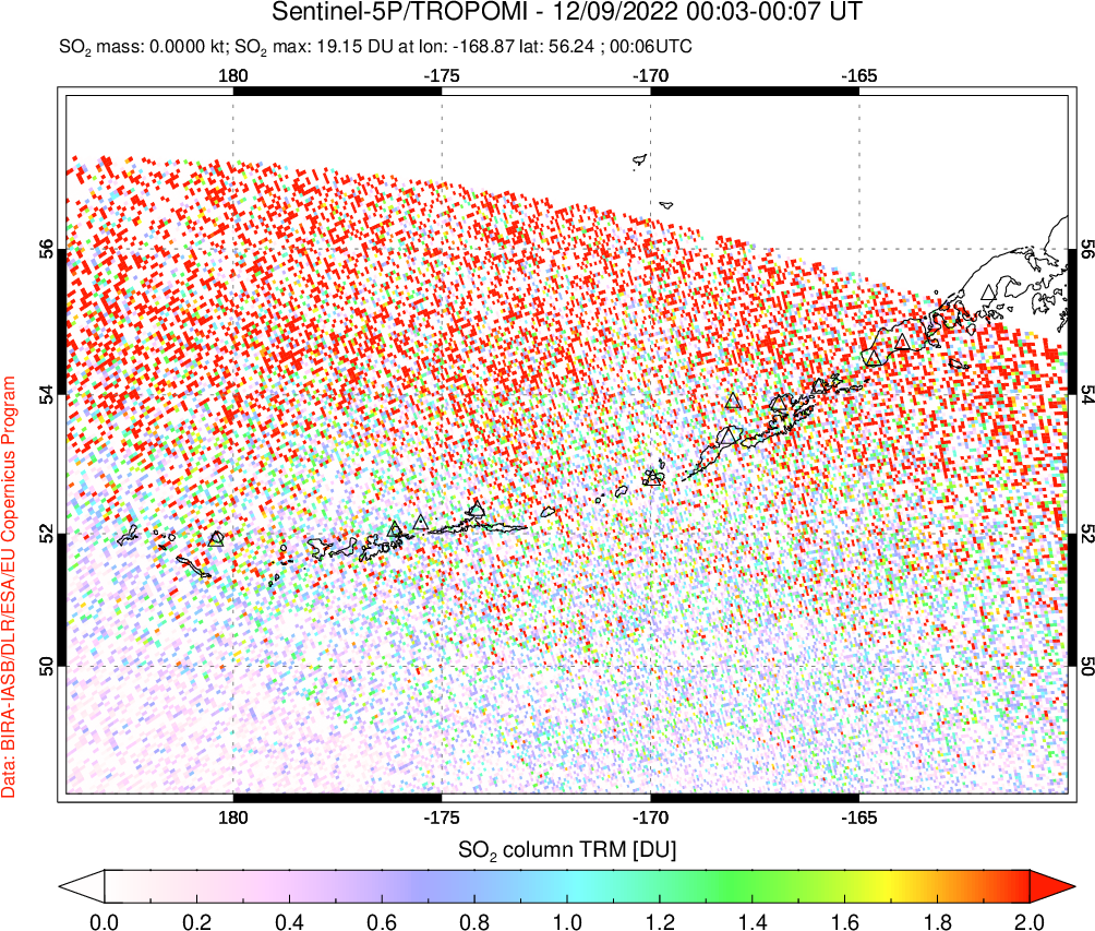 A sulfur dioxide image over Aleutian Islands, Alaska, USA on Dec 09, 2022.