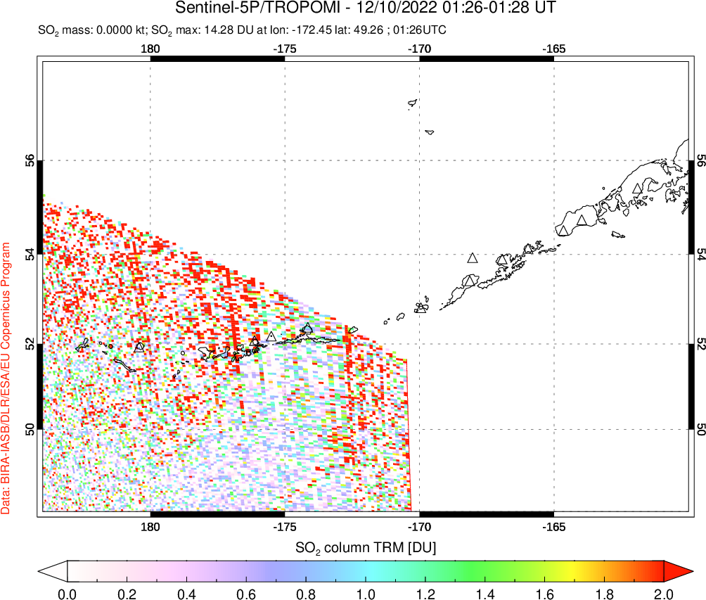 A sulfur dioxide image over Aleutian Islands, Alaska, USA on Dec 10, 2022.