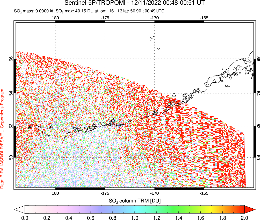 A sulfur dioxide image over Aleutian Islands, Alaska, USA on Dec 11, 2022.