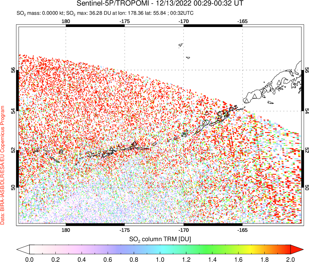 A sulfur dioxide image over Aleutian Islands, Alaska, USA on Dec 13, 2022.