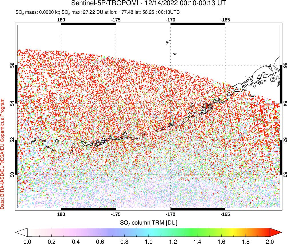 A sulfur dioxide image over Aleutian Islands, Alaska, USA on Dec 14, 2022.