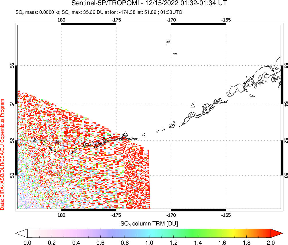 A sulfur dioxide image over Aleutian Islands, Alaska, USA on Dec 15, 2022.