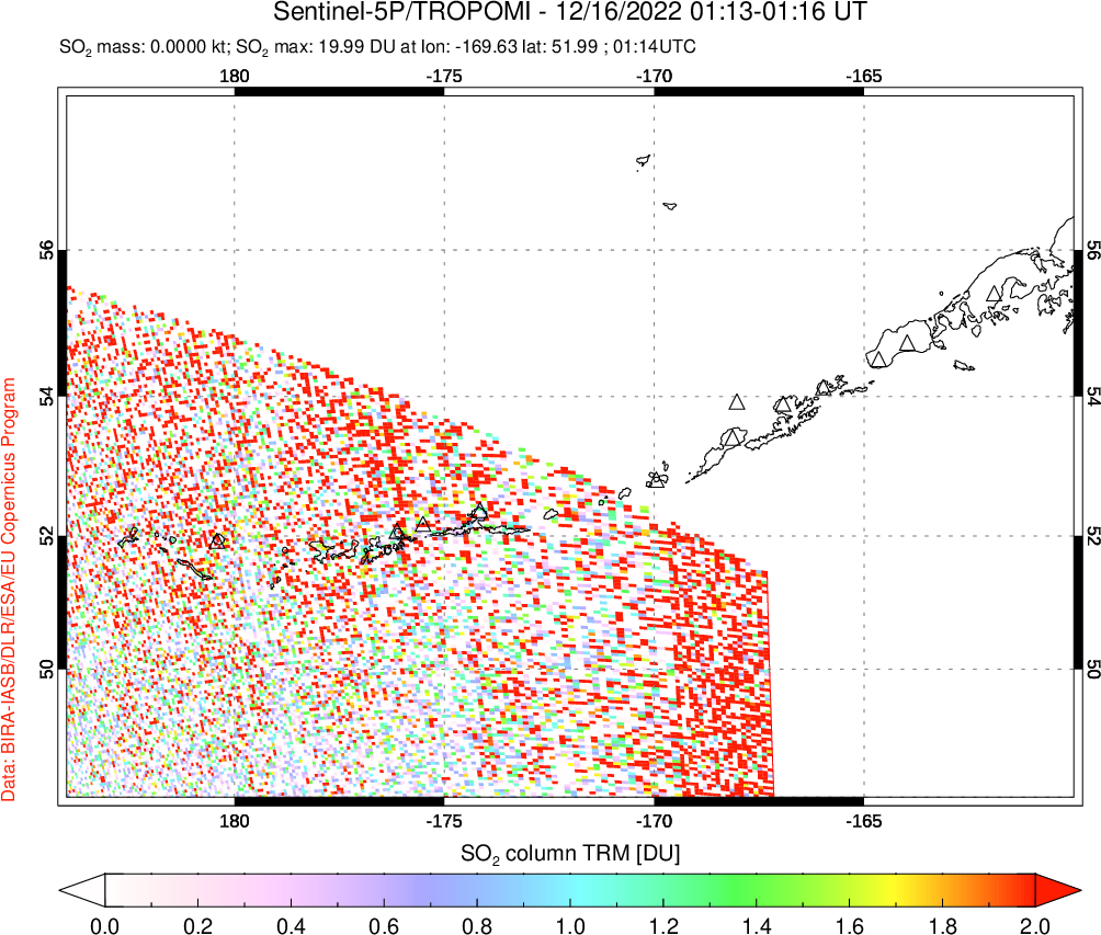 A sulfur dioxide image over Aleutian Islands, Alaska, USA on Dec 16, 2022.
