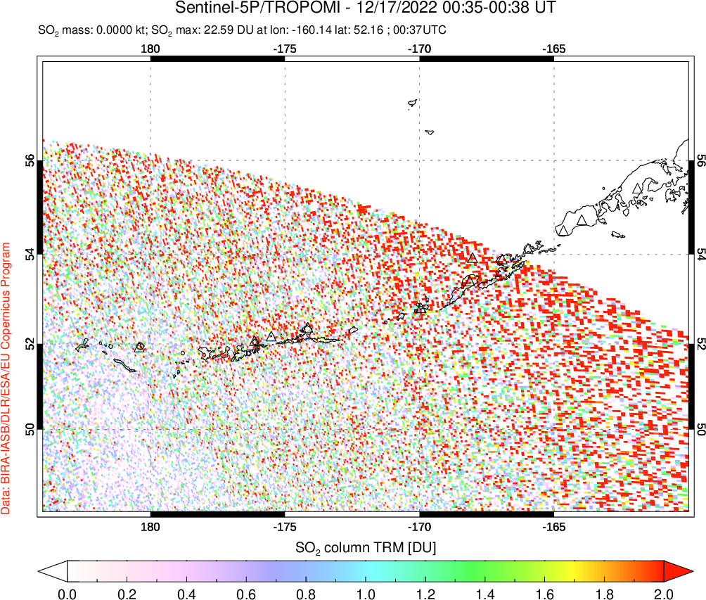 A sulfur dioxide image over Aleutian Islands, Alaska, USA on Dec 17, 2022.