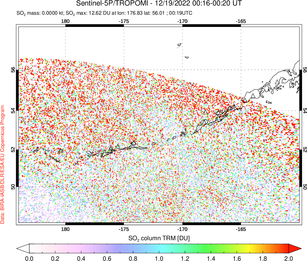 A sulfur dioxide image over Aleutian Islands, Alaska, USA on Dec 19, 2022.