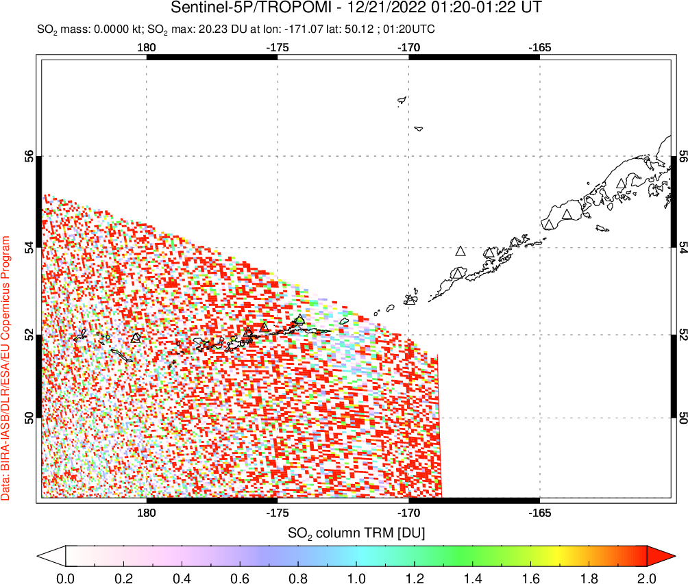 A sulfur dioxide image over Aleutian Islands, Alaska, USA on Dec 21, 2022.