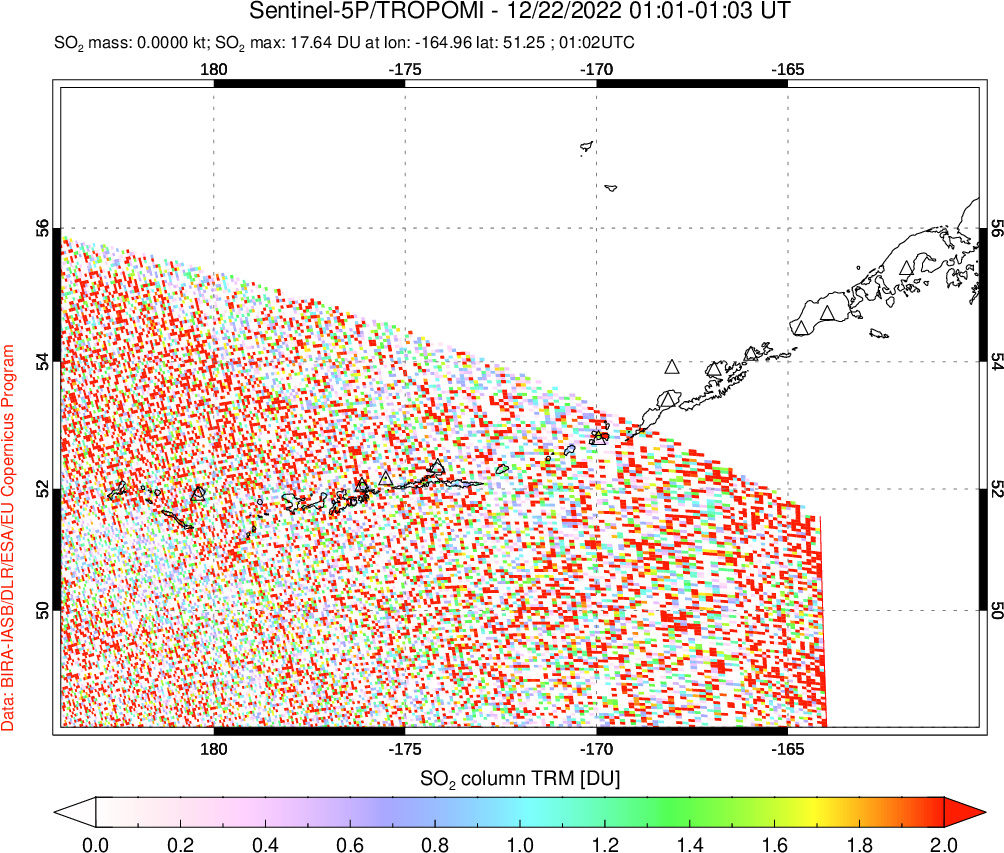 A sulfur dioxide image over Aleutian Islands, Alaska, USA on Dec 22, 2022.