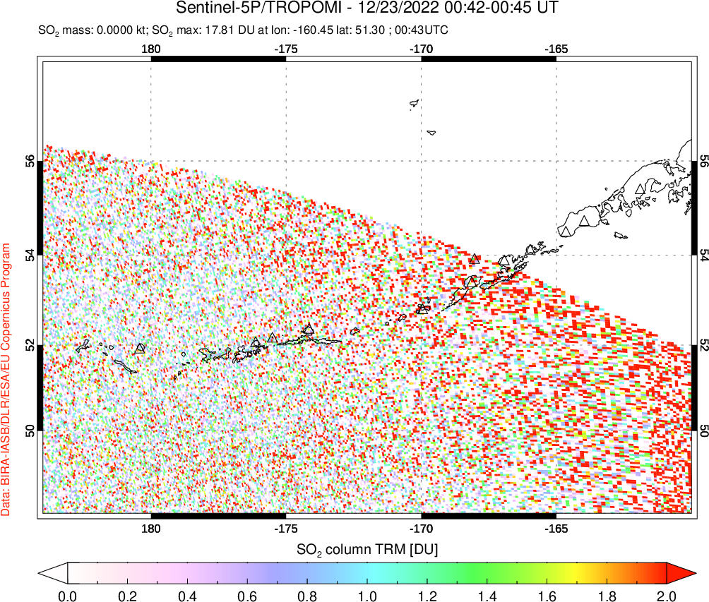 A sulfur dioxide image over Aleutian Islands, Alaska, USA on Dec 23, 2022.
