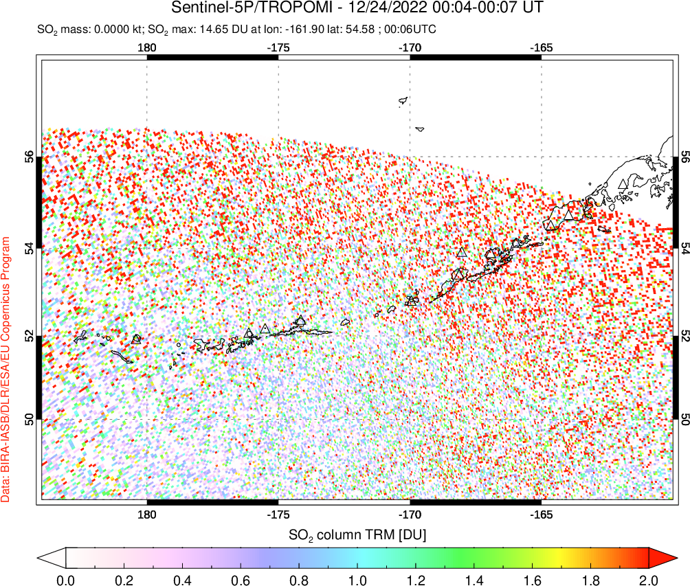 A sulfur dioxide image over Aleutian Islands, Alaska, USA on Dec 24, 2022.