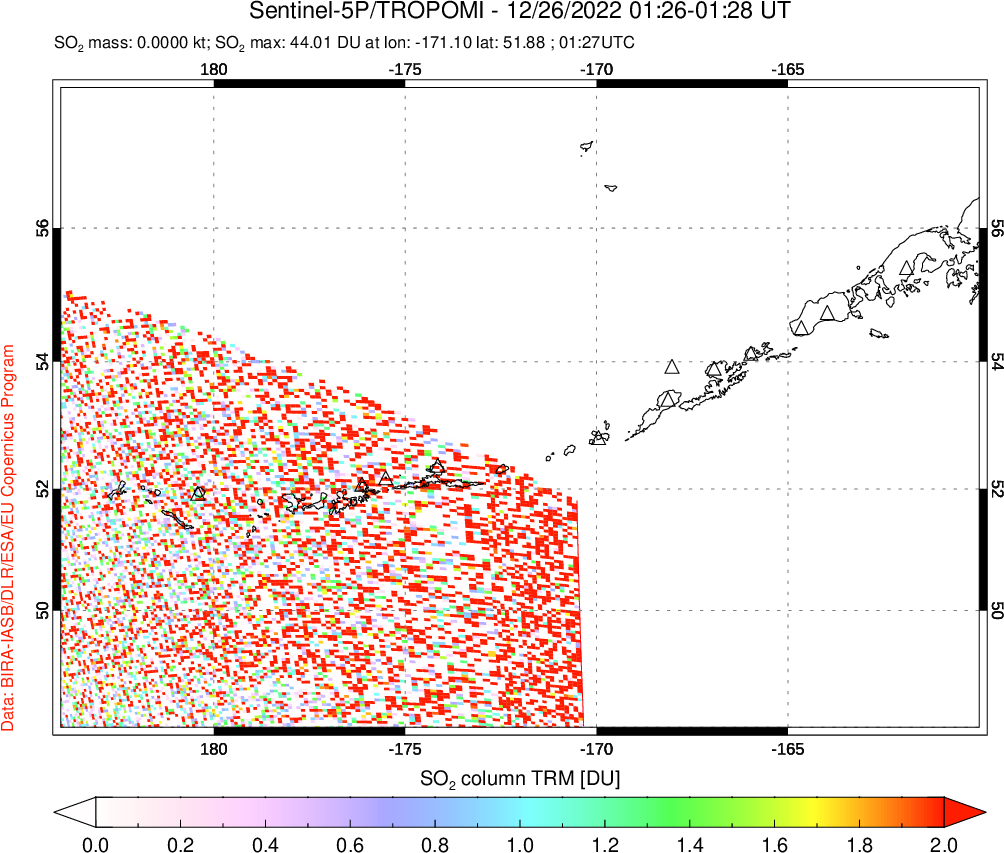 A sulfur dioxide image over Aleutian Islands, Alaska, USA on Dec 26, 2022.