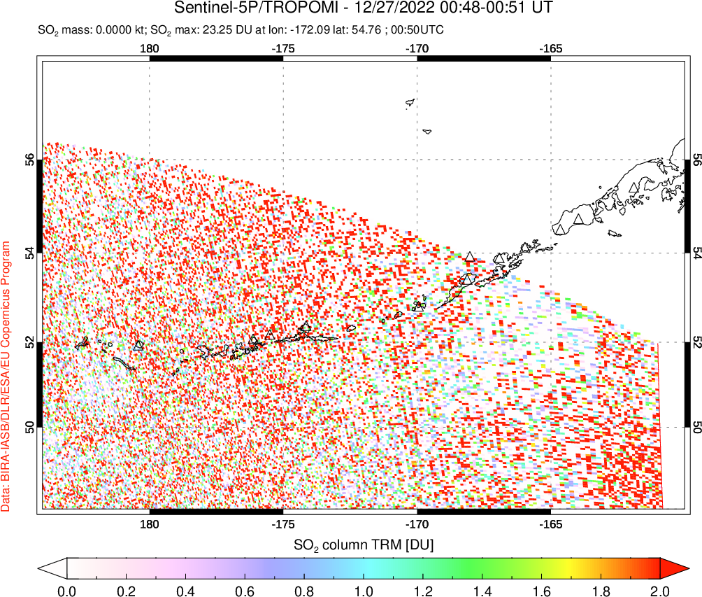 A sulfur dioxide image over Aleutian Islands, Alaska, USA on Dec 27, 2022.