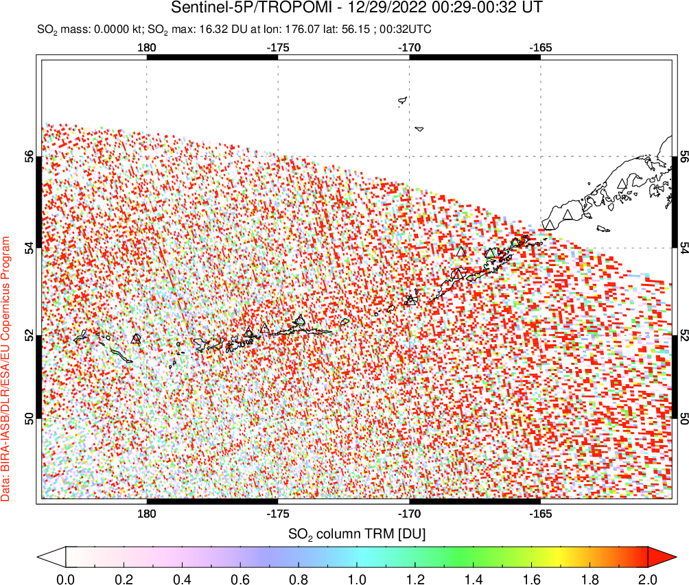 A sulfur dioxide image over Aleutian Islands, Alaska, USA on Dec 29, 2022.