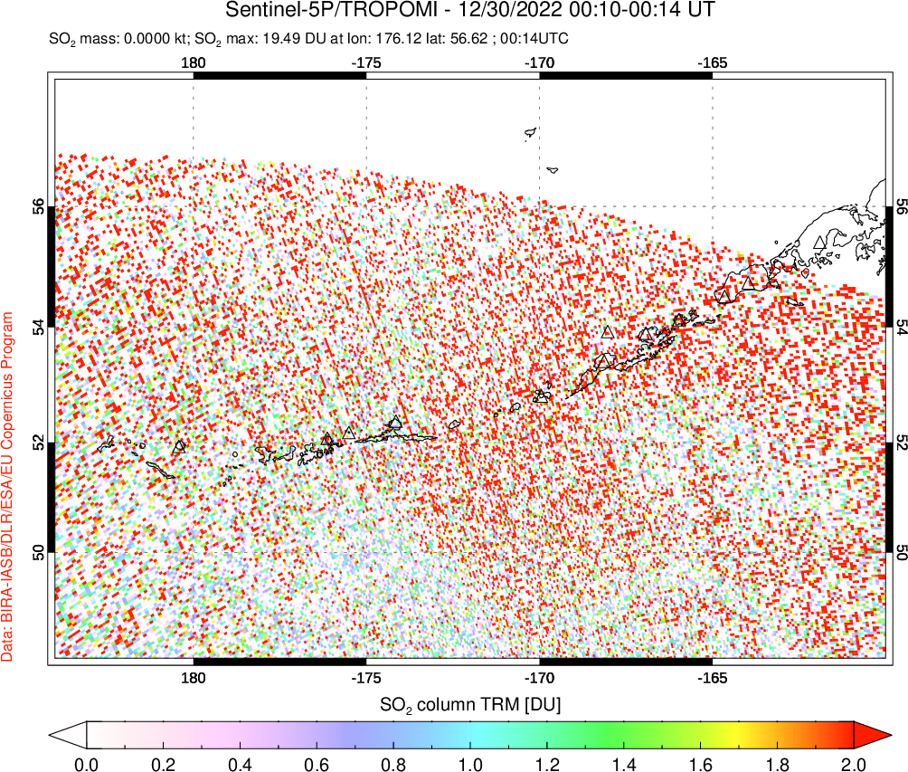 A sulfur dioxide image over Aleutian Islands, Alaska, USA on Dec 30, 2022.