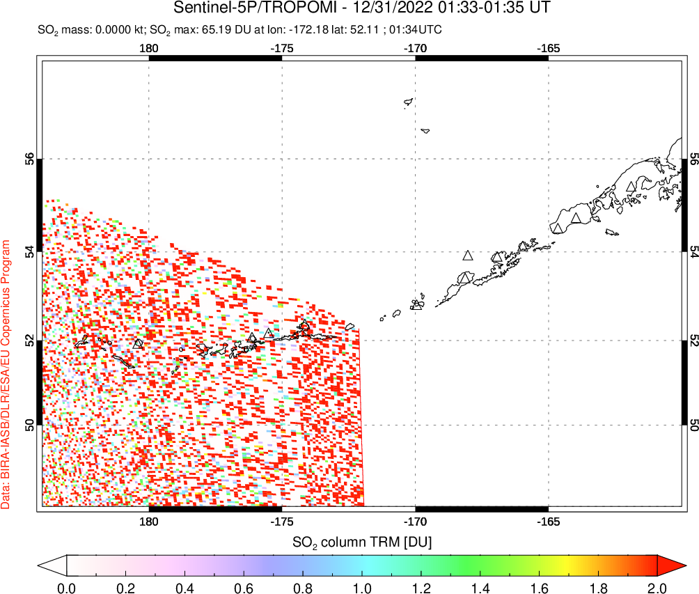 A sulfur dioxide image over Aleutian Islands, Alaska, USA on Dec 31, 2022.