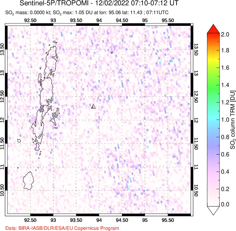 A sulfur dioxide image over Andaman Islands, Indian Ocean on Dec 02, 2022.