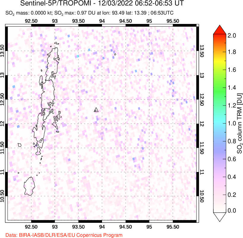 A sulfur dioxide image over Andaman Islands, Indian Ocean on Dec 03, 2022.