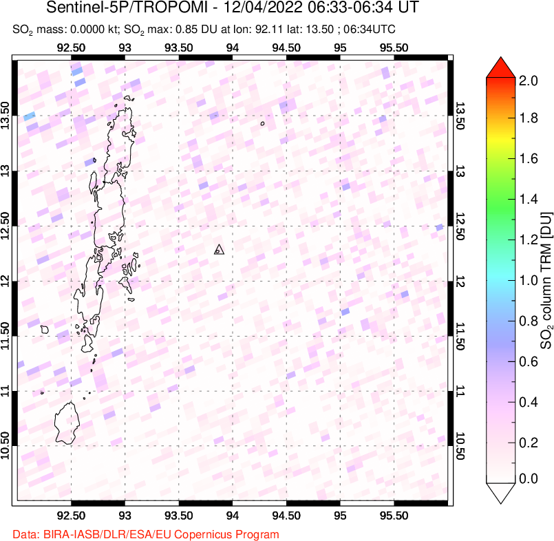 A sulfur dioxide image over Andaman Islands, Indian Ocean on Dec 04, 2022.
