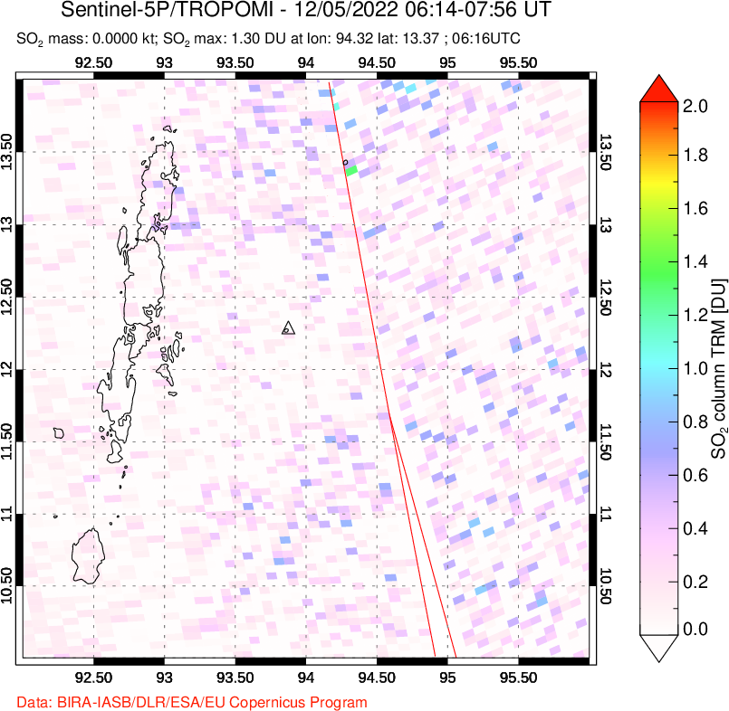 A sulfur dioxide image over Andaman Islands, Indian Ocean on Dec 05, 2022.