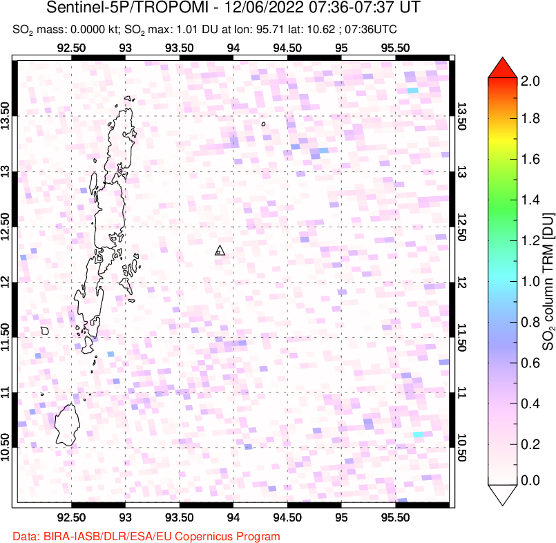 A sulfur dioxide image over Andaman Islands, Indian Ocean on Dec 06, 2022.