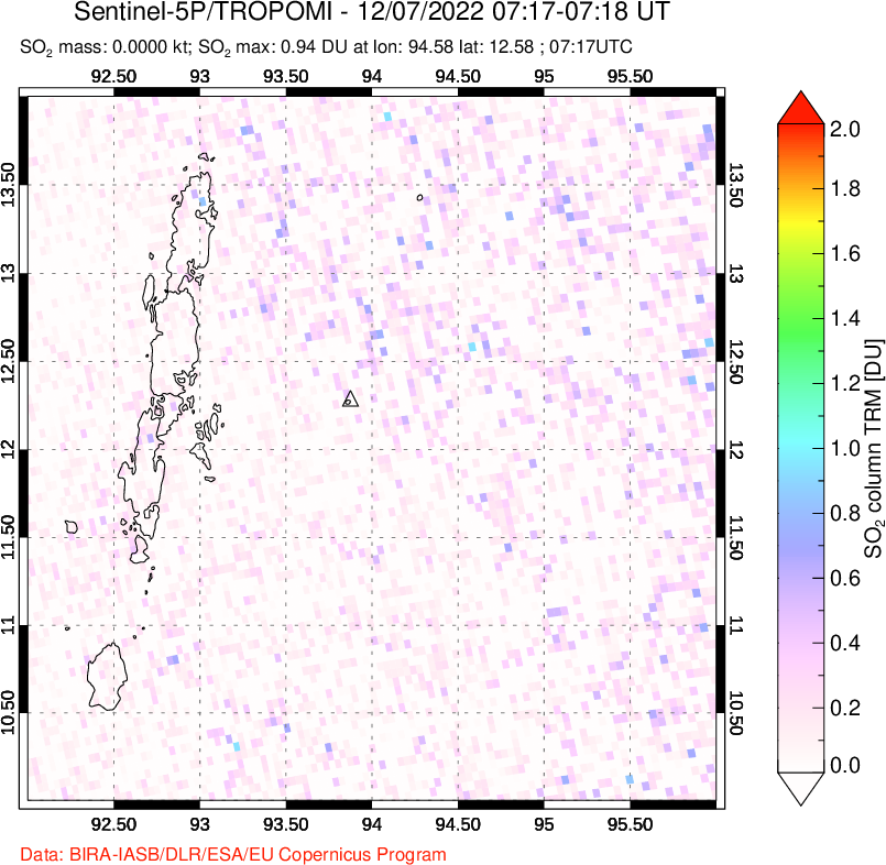 A sulfur dioxide image over Andaman Islands, Indian Ocean on Dec 07, 2022.