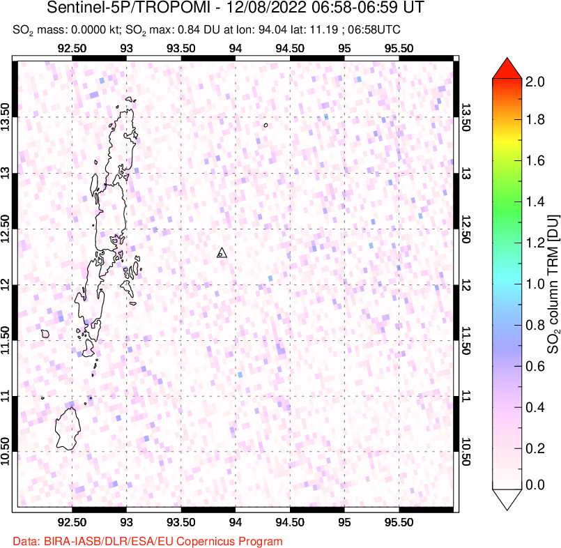 A sulfur dioxide image over Andaman Islands, Indian Ocean on Dec 08, 2022.