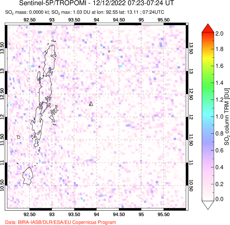 A sulfur dioxide image over Andaman Islands, Indian Ocean on Dec 12, 2022.