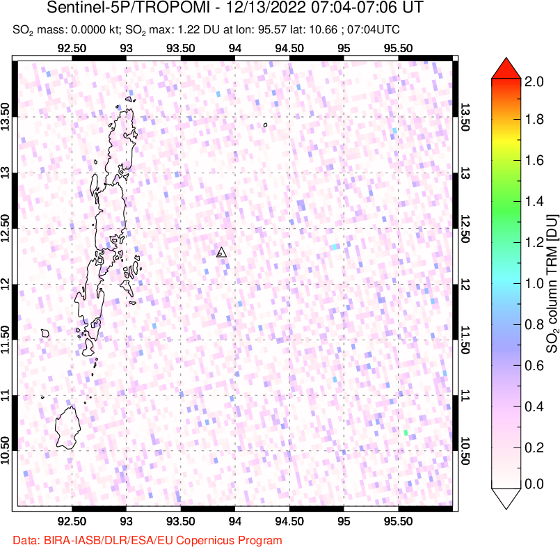 A sulfur dioxide image over Andaman Islands, Indian Ocean on Dec 13, 2022.