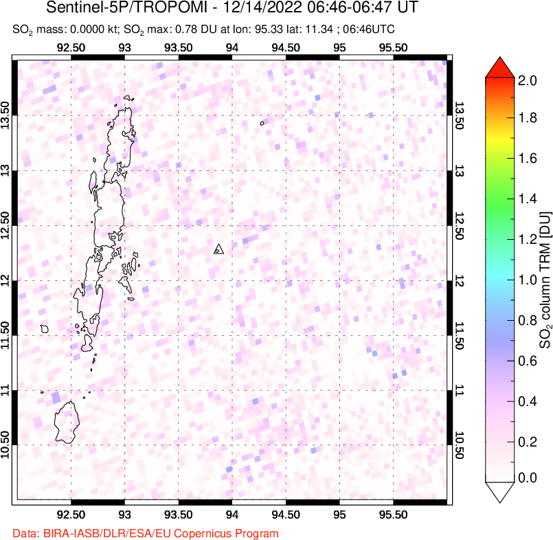 A sulfur dioxide image over Andaman Islands, Indian Ocean on Dec 14, 2022.